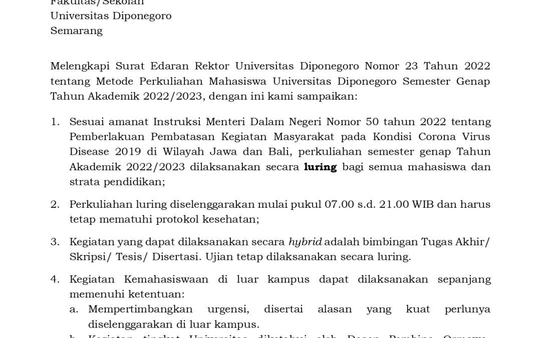 Rector’s Circular Letter for Even Semester Lecture Methods 2022/2023  